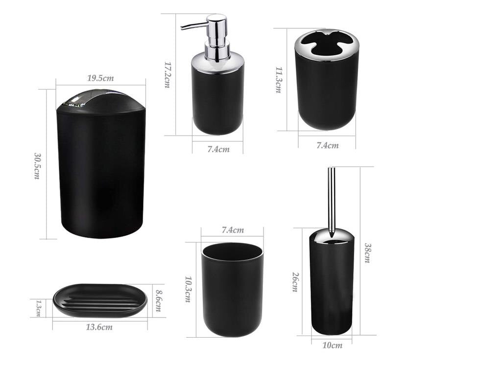 6Pcs Black Bathroom Accessories Toothbrush Holder Bin Soap Dish Dispenser Tumbler Toilet Brush Toilet Bathroom Set White