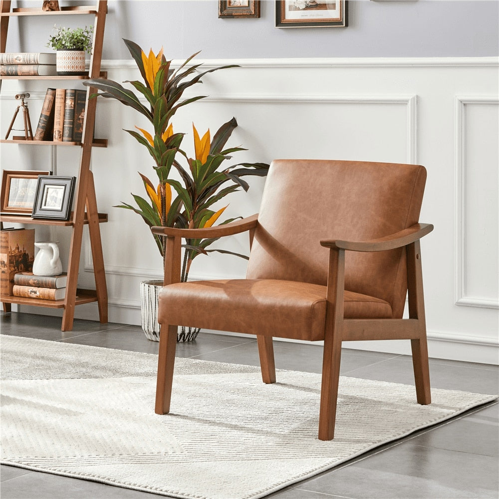Alden Design Faux Leather Accent Chair with Wooden Armrests, Light Brown