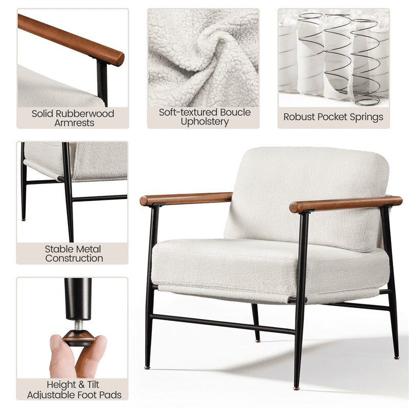 Modern-Industrial Upholstered Boucle Accent Chair, Ivory