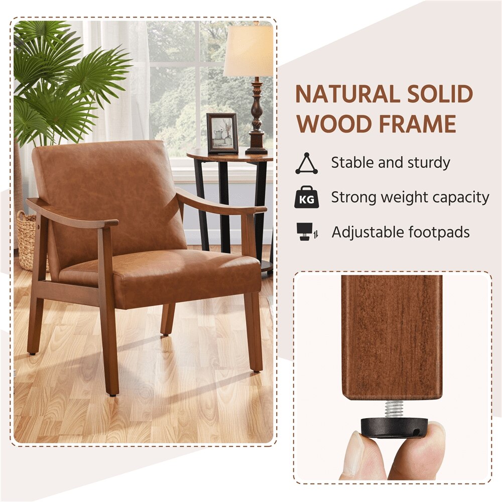 Alden Design Faux Leather Accent Chair with Wooden Armrests, Light Brown