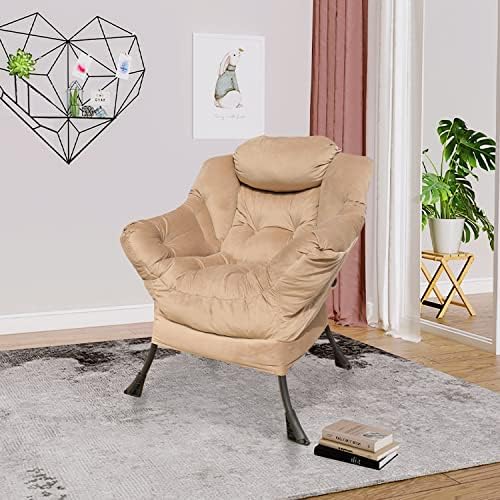 Velvet Fabric Accent Chair Lazy Reclining Armchair with Removable Metal Legs and a Side Pocket, Comfy Upholstered Single Leisure