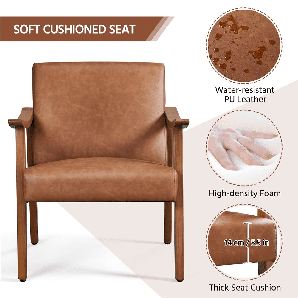 Alden Design Faux Leather Accent Chair with Wooden Armrests, Light Brown