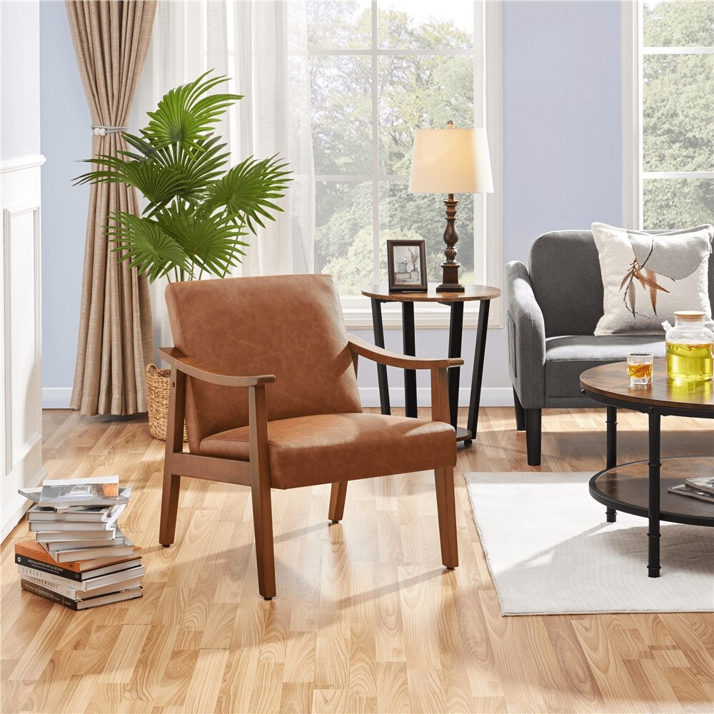 Alden Design Faux Leather Accent Chair with Wooden Armrests, Light Brown