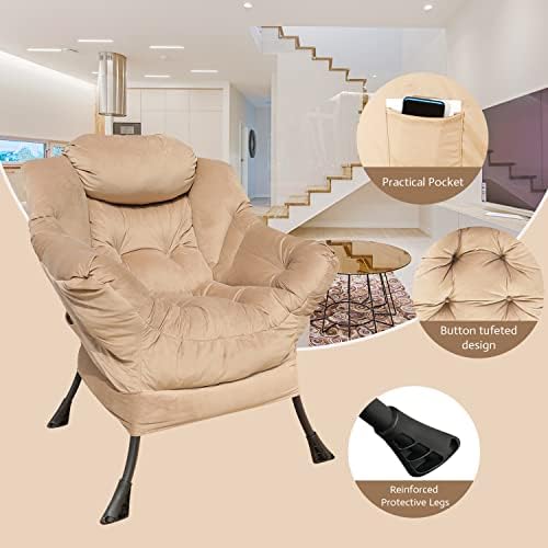 Velvet Fabric Accent Chair Lazy Reclining Armchair with Removable Metal Legs and a Side Pocket, Comfy Upholstered Single Leisure